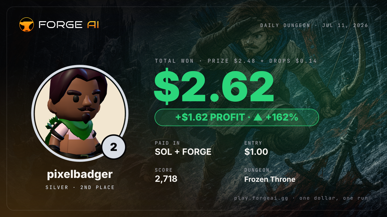 Win card: pixelbadger won $2.62 · 2nd place in Frozen Throne of the Pale Wolf