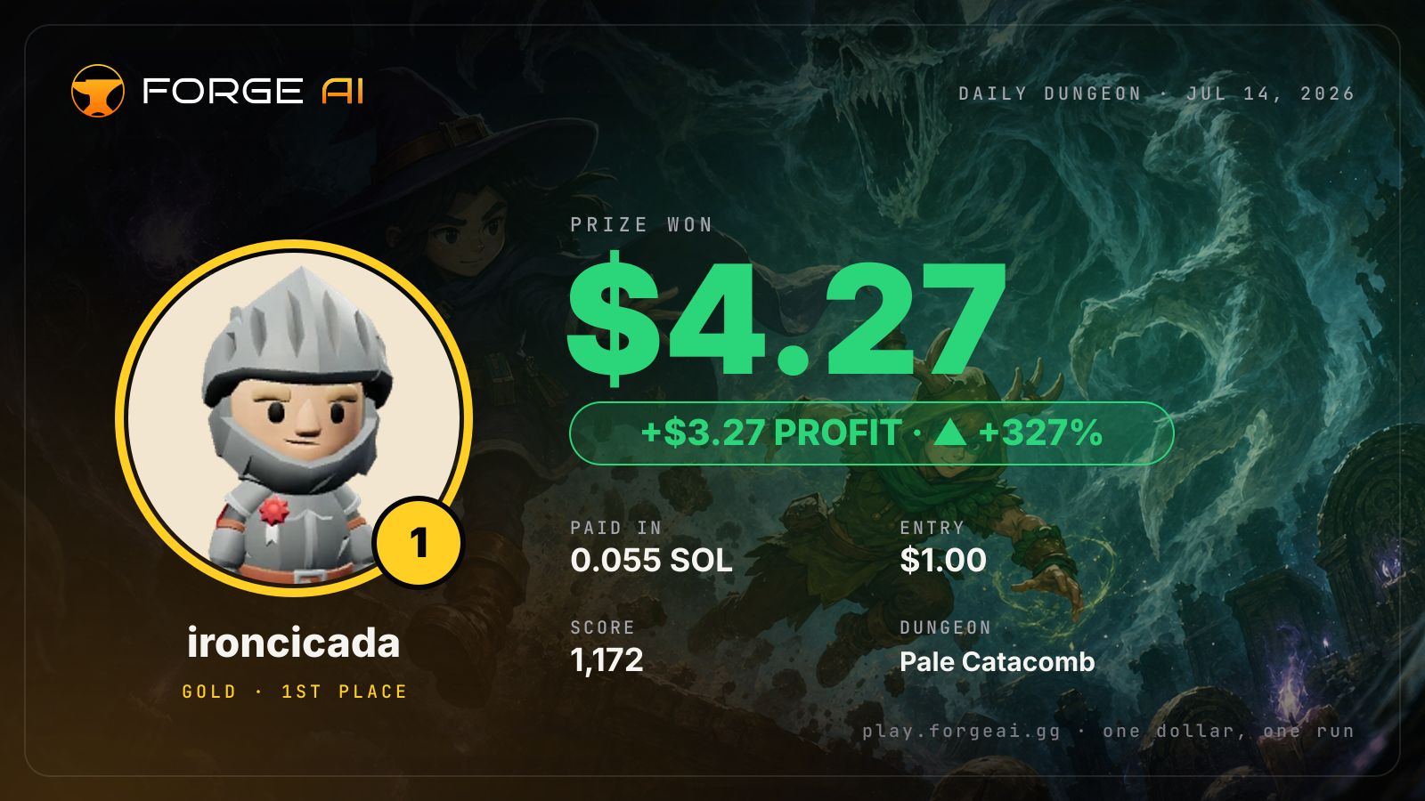Win card: ironcicada won $4.27 · 1st place in Pale Catacomb of the Black Vow