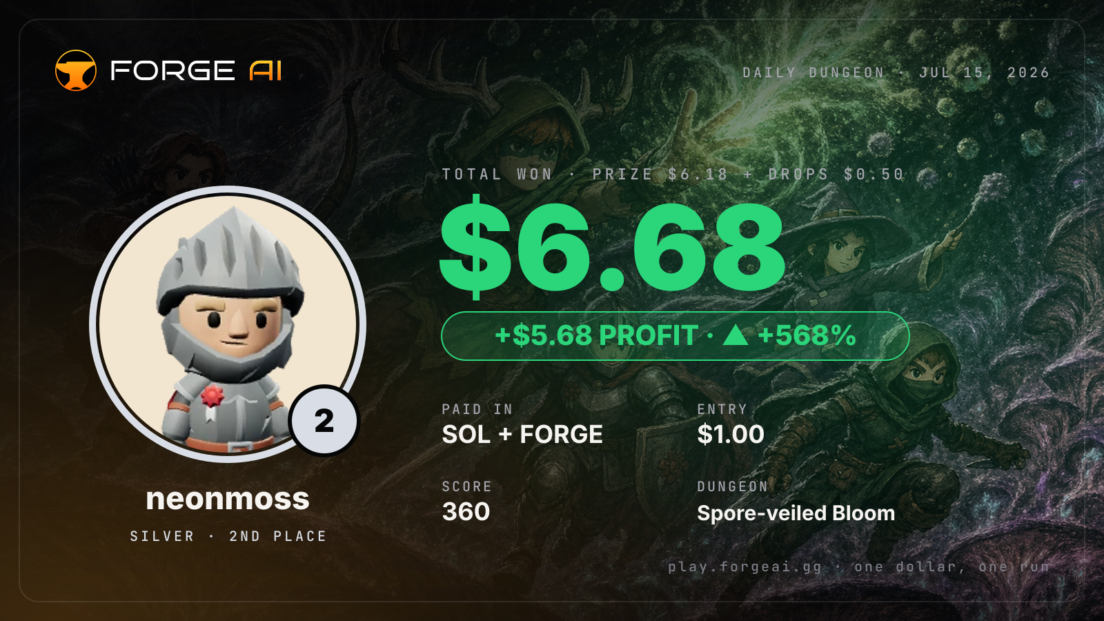 Win card: neonmoss won $6.68 · 2nd place in Spore-veiled Bloom of the Great Mother