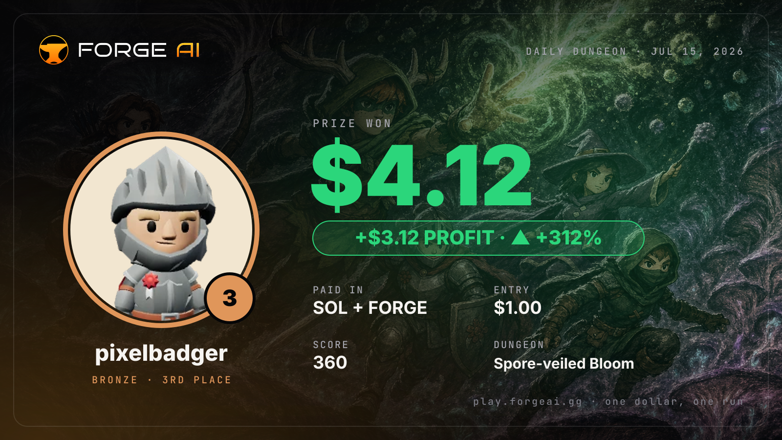 Win card: pixelbadger won $4.12 · 3rd place in Spore-veiled Bloom of the Great Mother