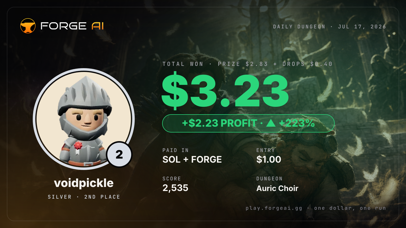 Win card: voidpickle won $3.23 · 2nd place in Auric Choir of the Dimming Star