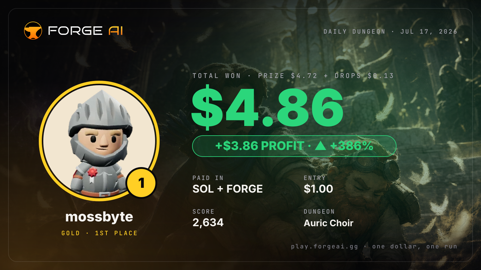 Win card: mossbyte won $4.86 · 1st place in Auric Choir of the Dimming Star