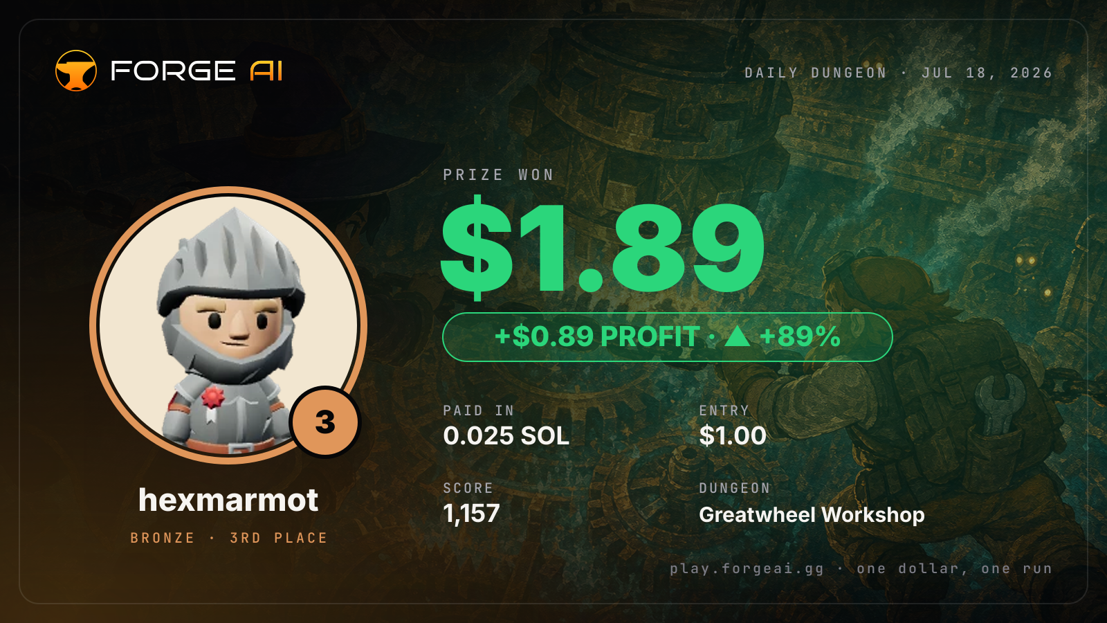 Win card: hexmarmot won $1.89 · 3rd place in Greatwheel Workshop of the Clockfather