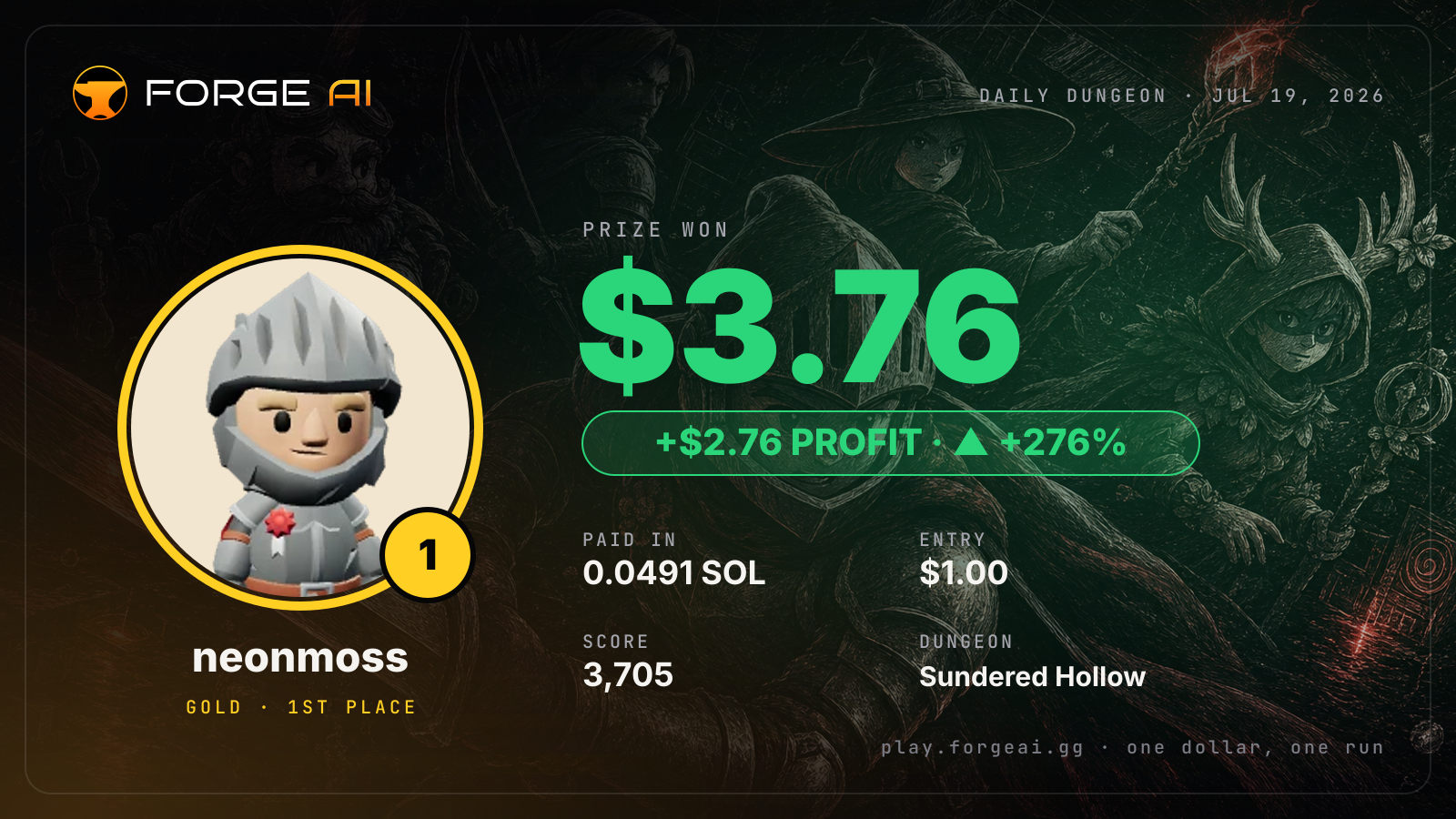 Win card: neonmoss won $3.76 · 1st place in Sundered Hollow of the Drowned Crown
