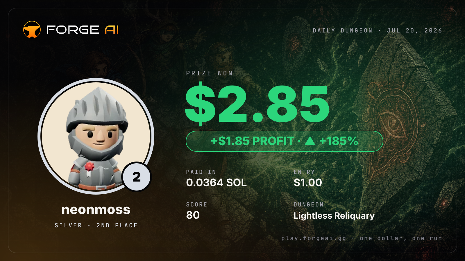 Win card: neonmoss won $2.85 · 2nd place in Lightless Reliquary of the Sleeping Tide