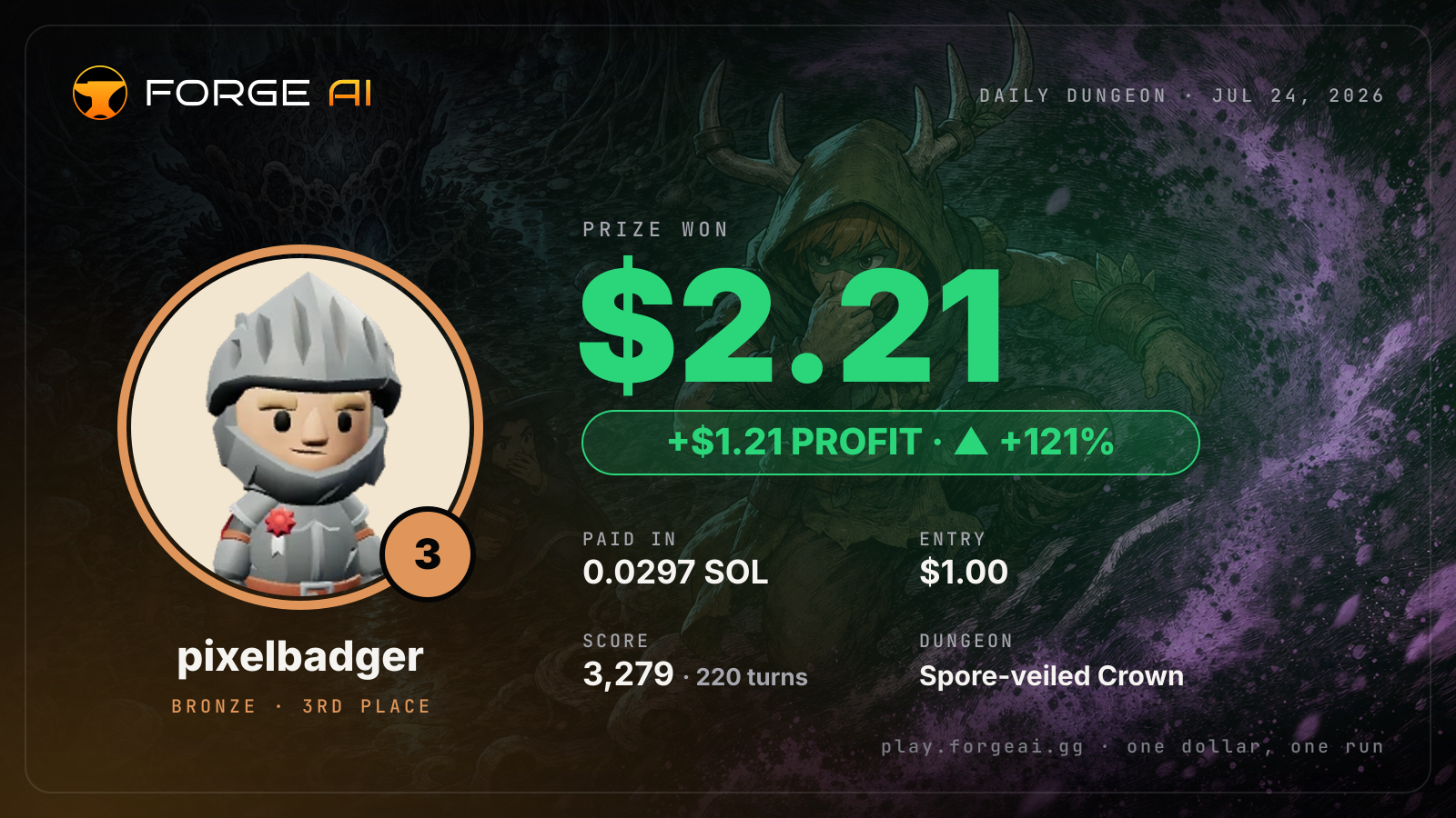 Win card: pixelbadger won $2.21 · 3rd place in Spore-veiled Crown of the Glowing Choir