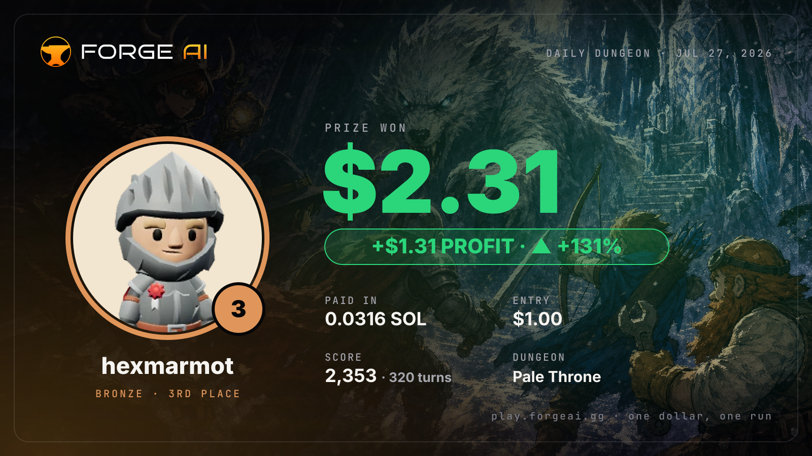 Win card: hexmarmot won $2.31 · 3rd place in Pale Throne of the Pale Wolf