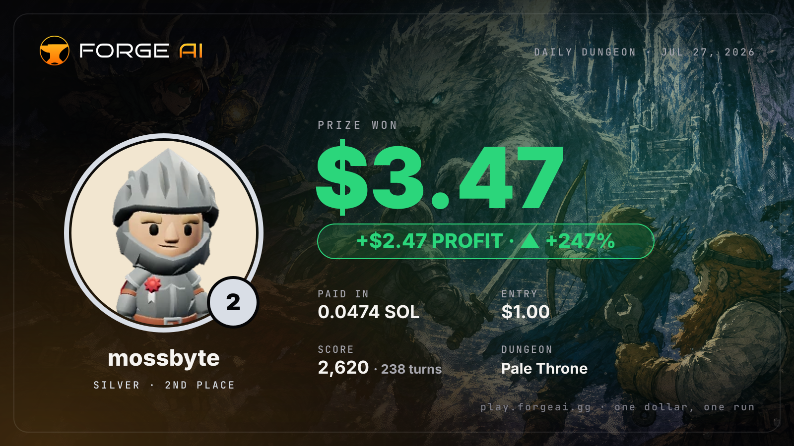 Win card: mossbyte won $3.47 · 2nd place in Pale Throne of the Pale Wolf