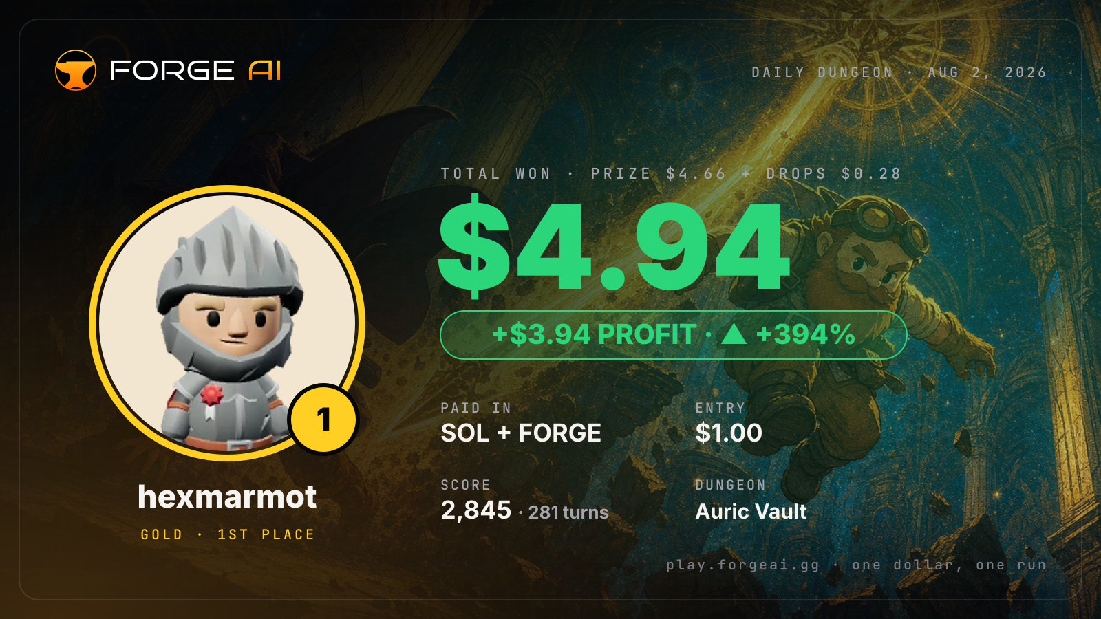 Win card: hexmarmot won $4.94 · 1st place in Auric Vault of the Dimming Star