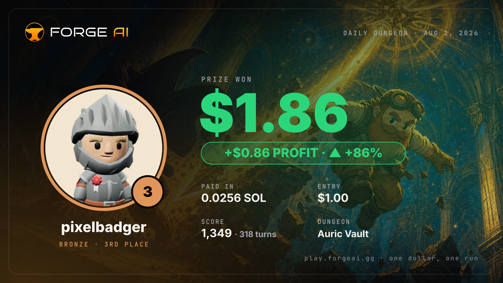 Win card: pixelbadger won $1.86 · 3rd place in Auric Vault of the Dimming Star