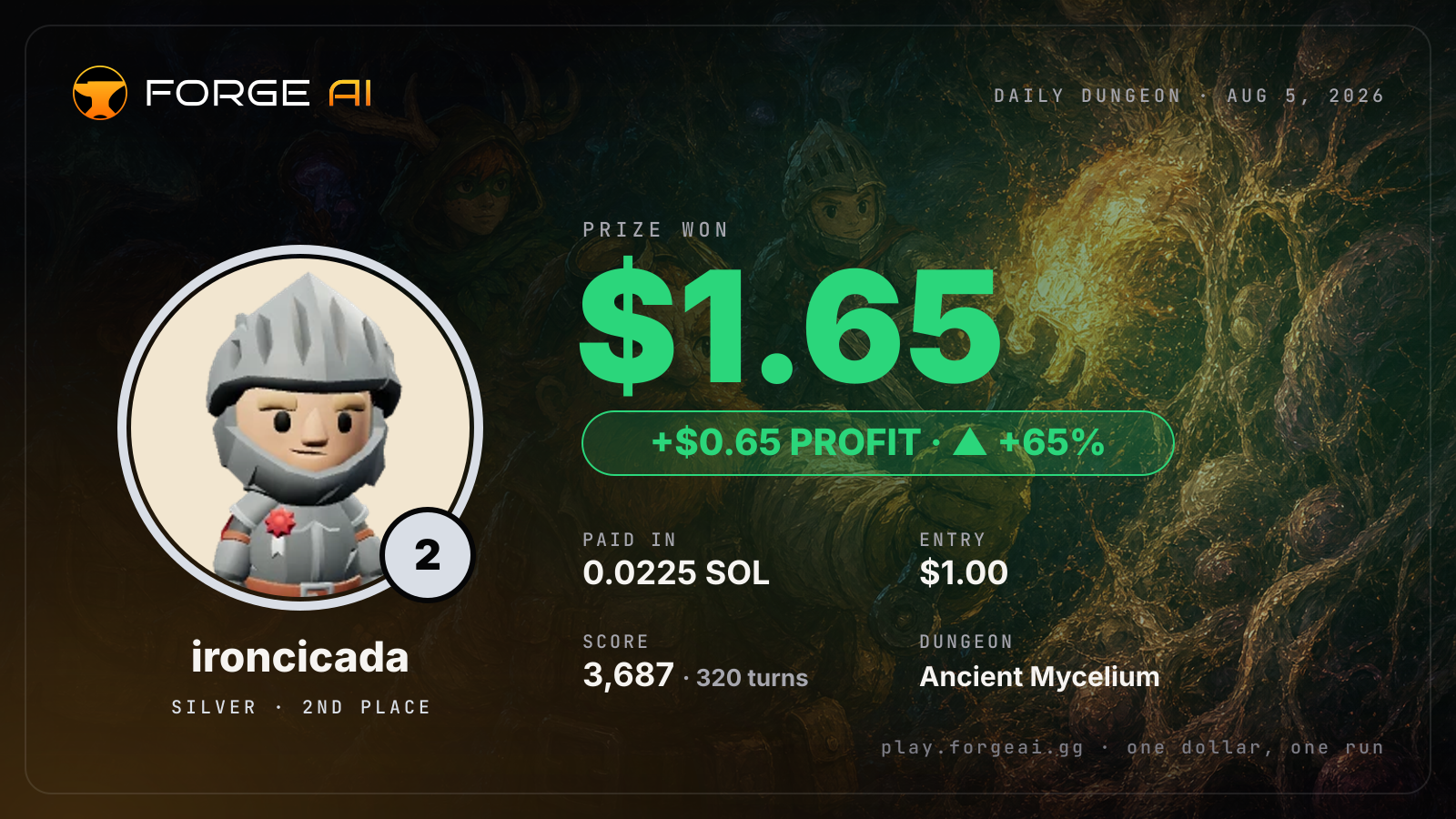 Win card: ironcicada won $1.65 · 2nd place in Ancient Mycelium of the Glowing Choir