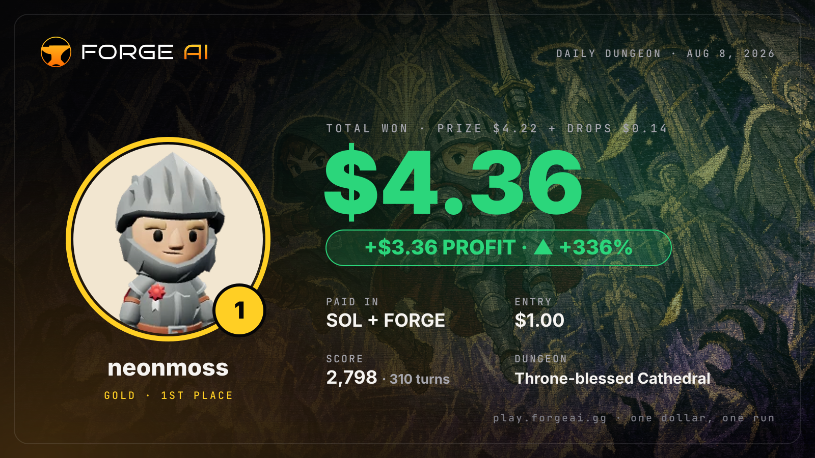 Win card: neonmoss won $4.36 · 1st place in Throne-blessed Cathedral of the Seventh Seraph