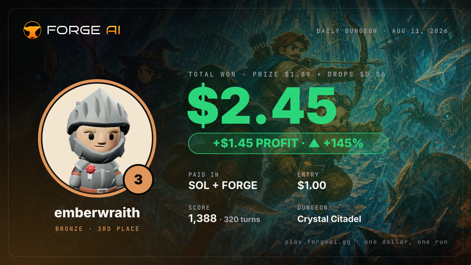 Win card: emberwraith won $2.45 · 3rd place in Crystal Citadel of the Frozen Star