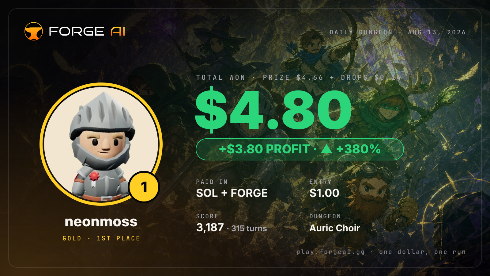 Win card: neonmoss won $4.80 · 1st place in Auric Choir of the Seventh Seraph