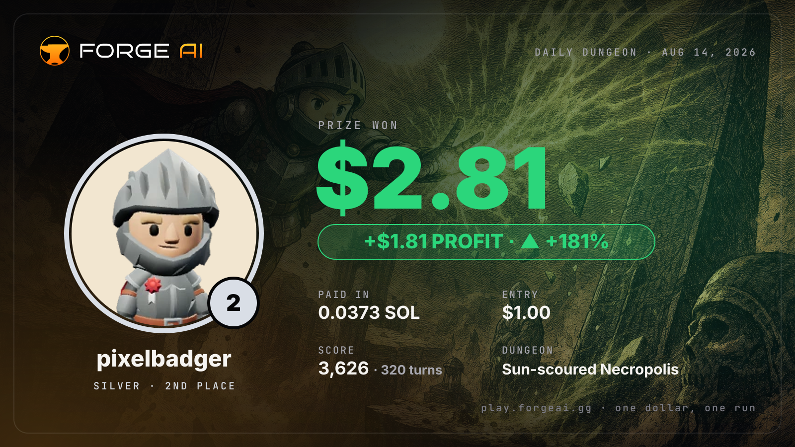 Win card: pixelbadger won $2.81 · 2nd place in Sun-scoured Necropolis of the Salt Sea Drowned