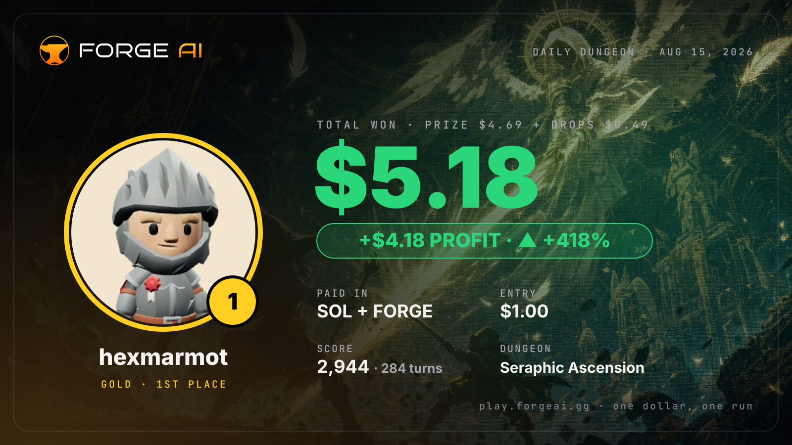 Win card: hexmarmot won $5.18 · 1st place in Seraphic Ascension of the Dimming Star