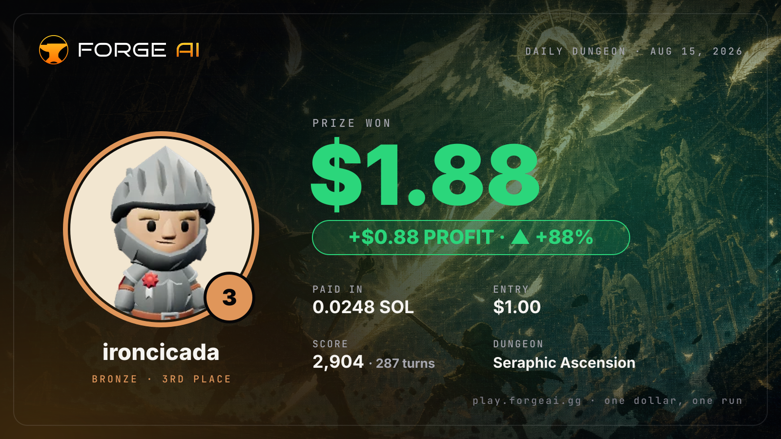 Win card: ironcicada won $1.88 · 3rd place in Seraphic Ascension of the Dimming Star