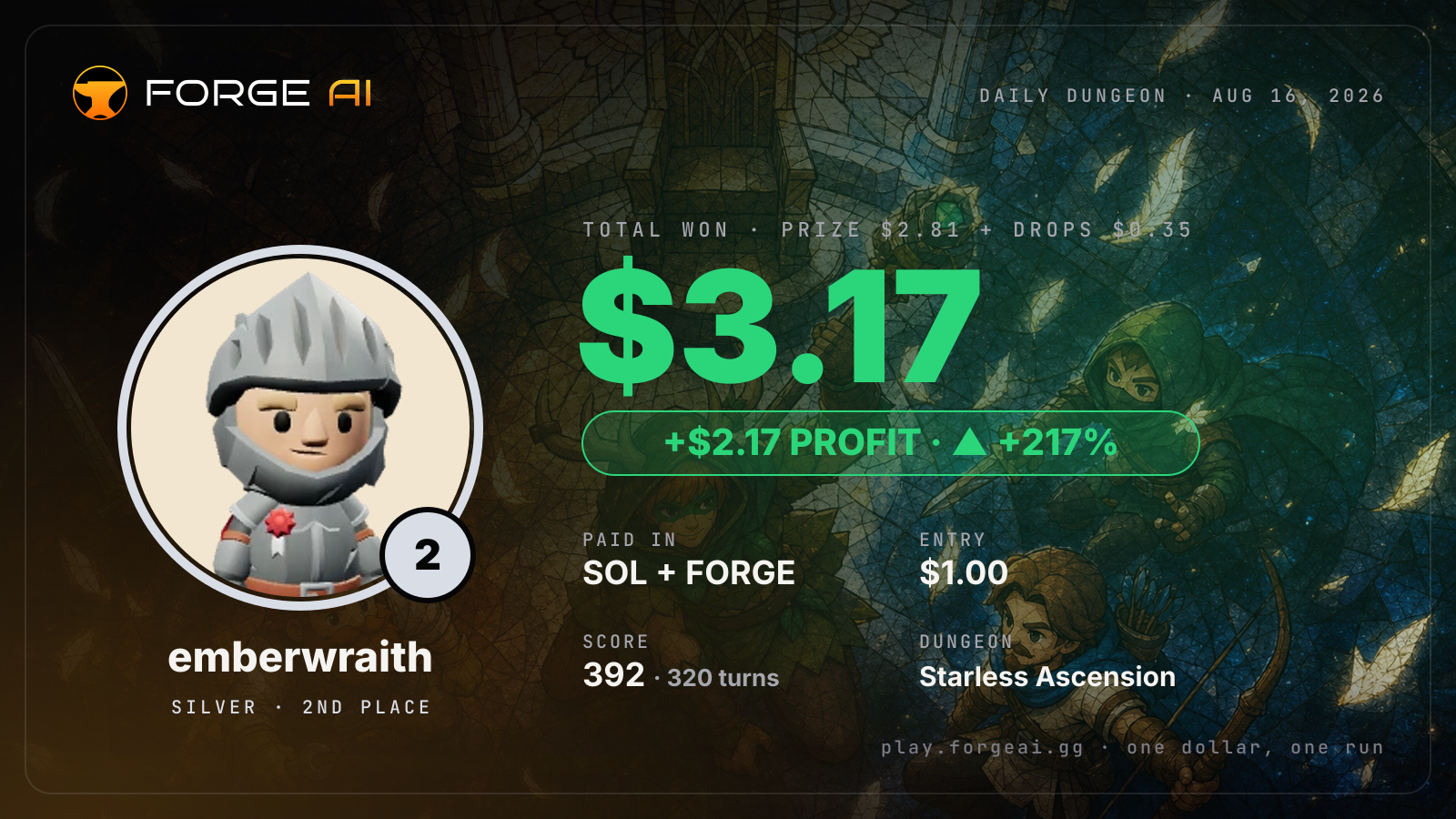 Win card: emberwraith won $3.17 · 2nd place in Starless Ascension of the Last Saint