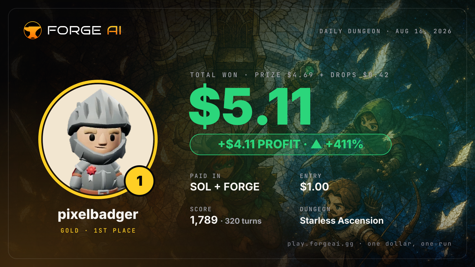 Win card: pixelbadger won $5.11 · 1st place in Starless Ascension of the Last Saint
