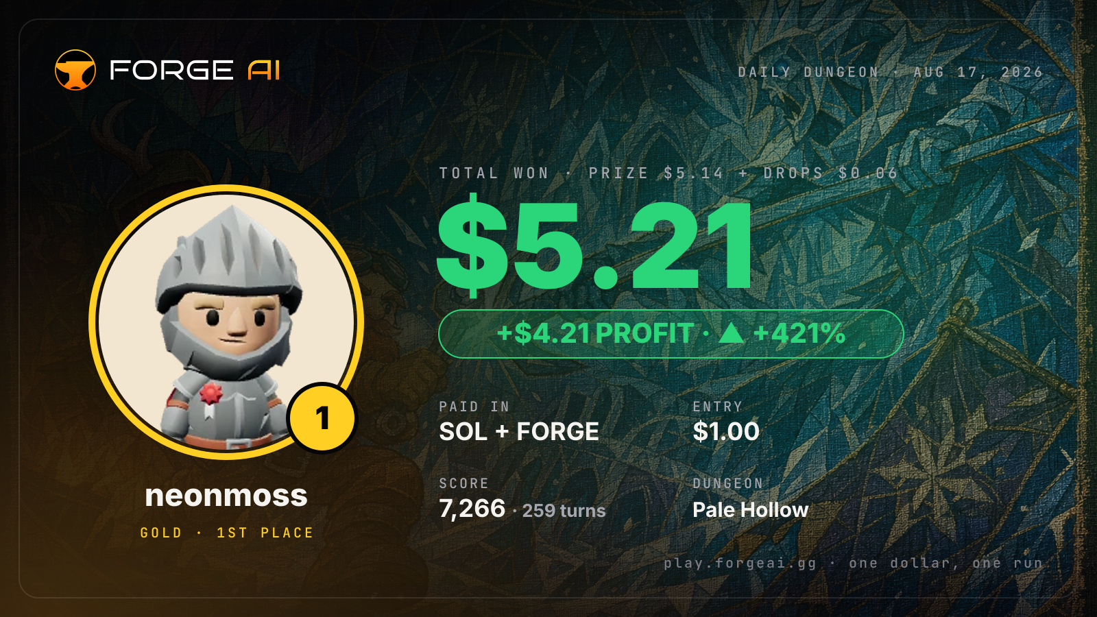 Win card: neonmoss won $5.21 · 1st place in Pale Hollow of the Frozen Star