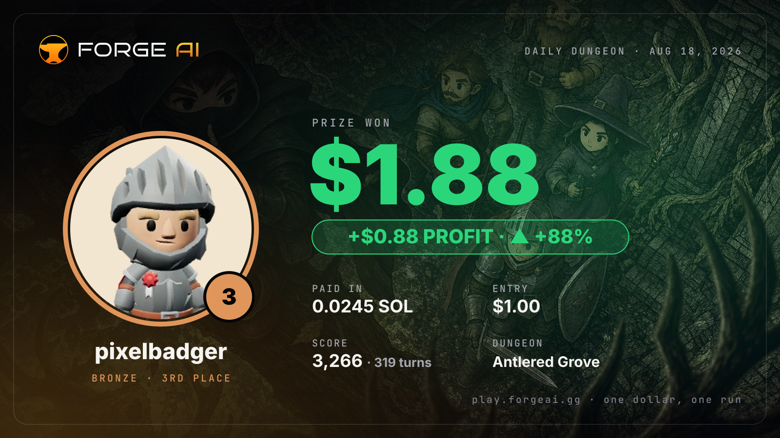 Win card: pixelbadger won $1.88 · 3rd place in Antlered Grove of the Stag King