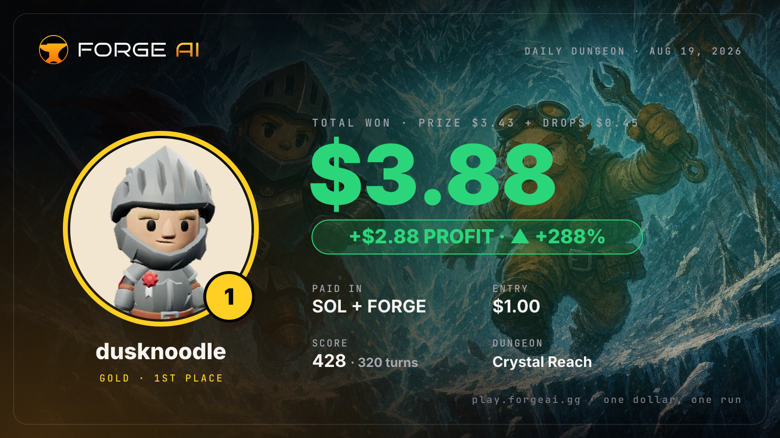 Win card: dusknoodle won $3.88 · 1st place in Crystal Reach of the Frozen Star