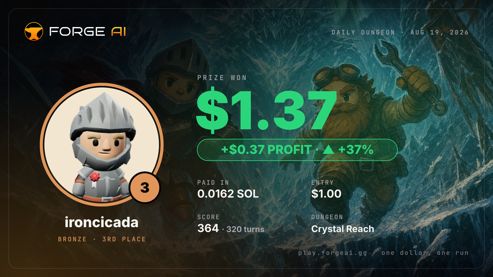 Win card: ironcicada won $1.37 · 3rd place in Crystal Reach of the Frozen Star
