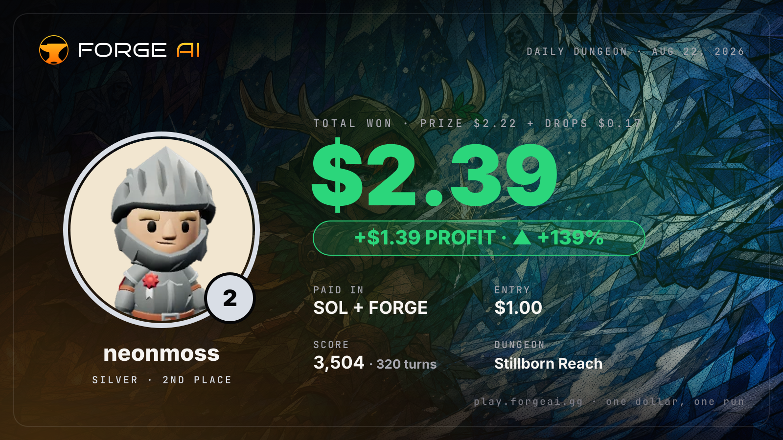 Win card: neonmoss won $2.39 · 2nd place in Stillborn Reach of the Frozen Star