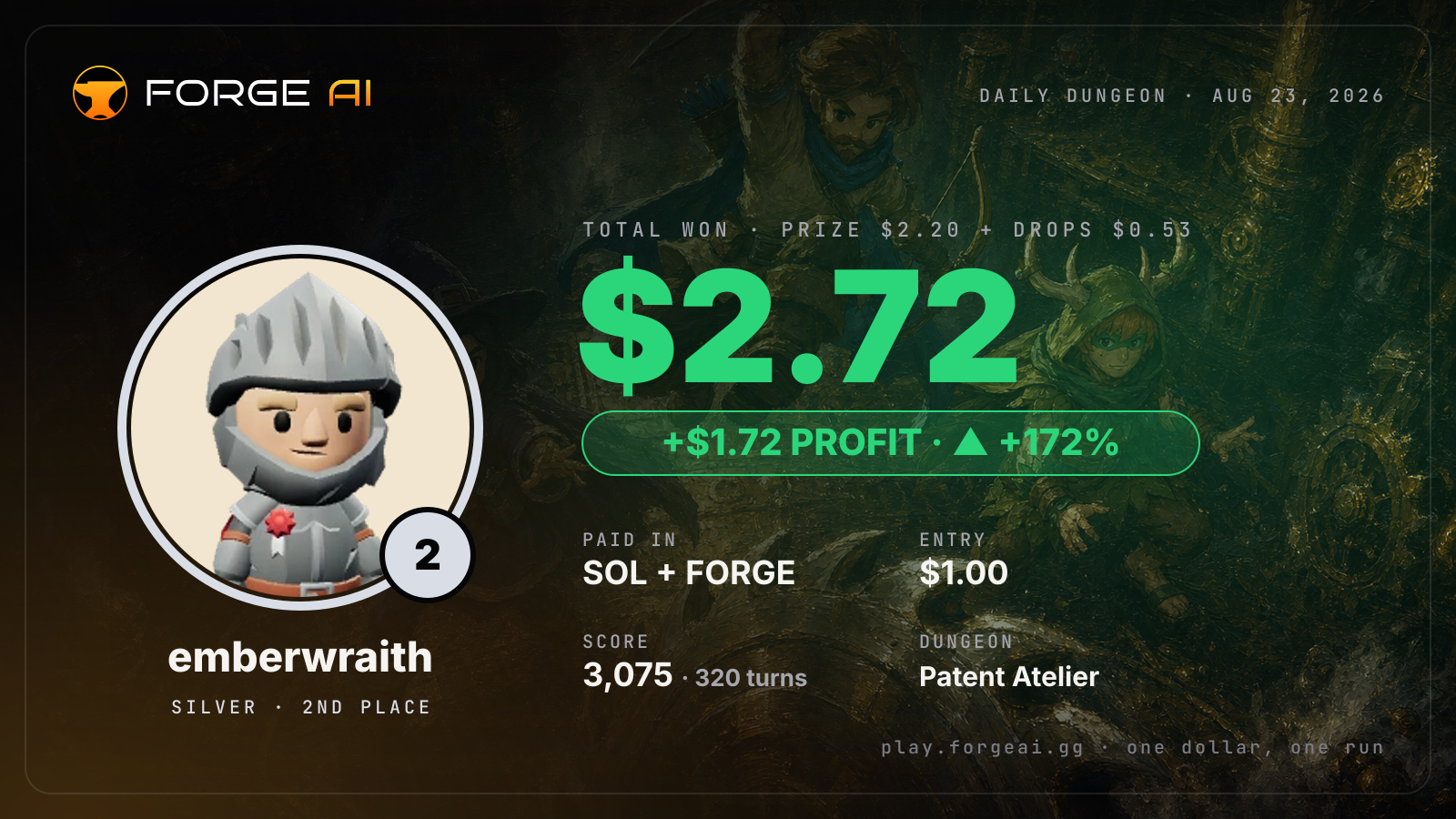 Win card: emberwraith won $2.72 · 2nd place in Patent Atelier of the Sundered Spring