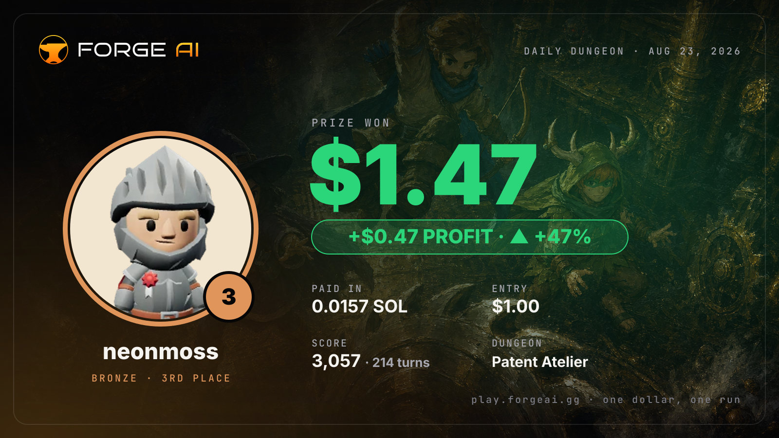 Win card: neonmoss won $1.47 · 3rd place in Patent Atelier of the Sundered Spring