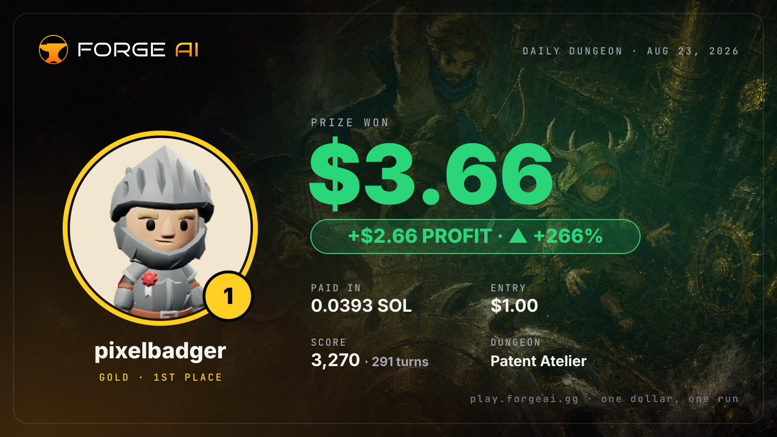 Win card: pixelbadger won $3.66 · 1st place in Patent Atelier of the Sundered Spring