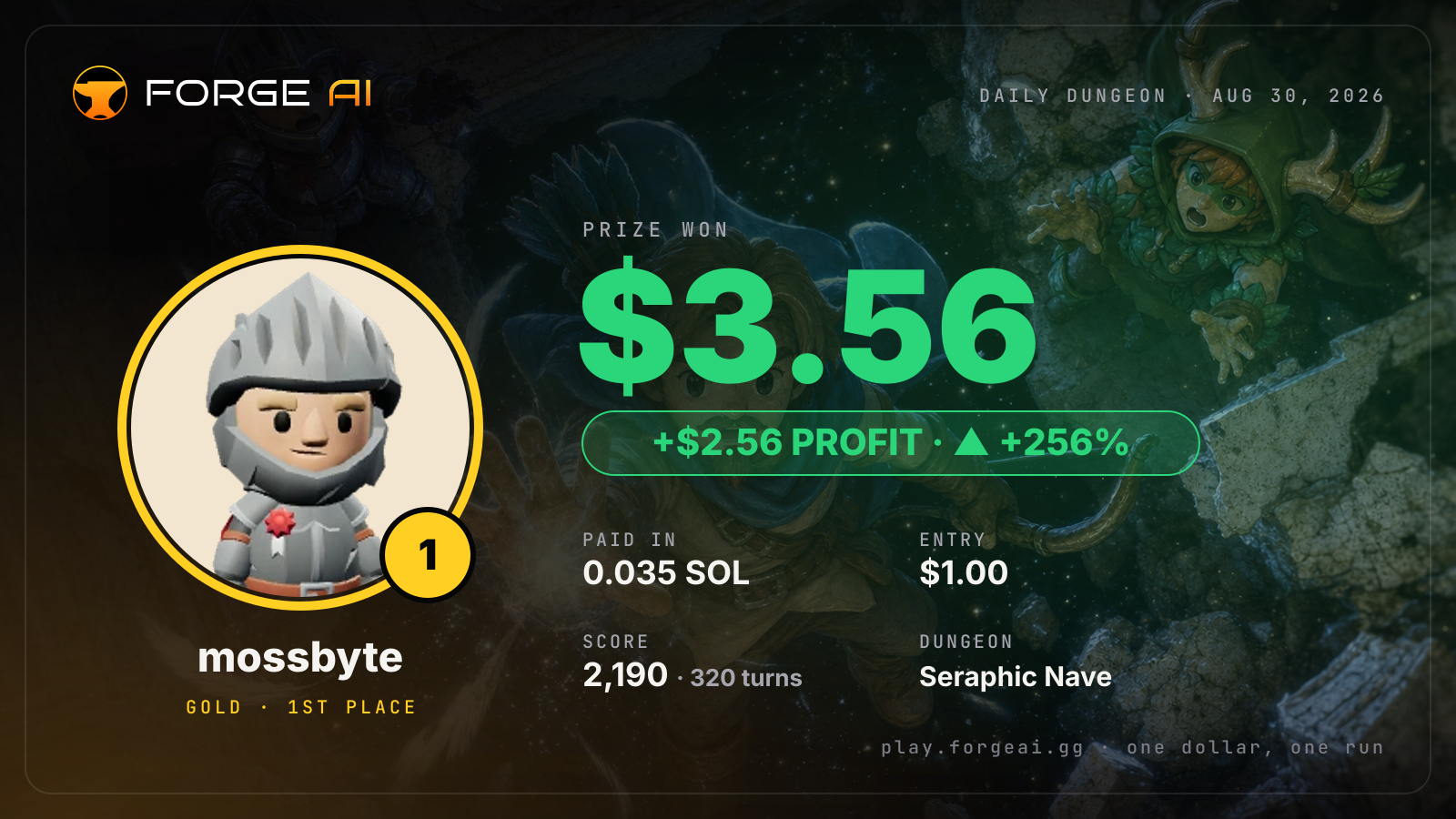 Win card: mossbyte won $3.56 · 1st place in Seraphic Nave of the Silent God