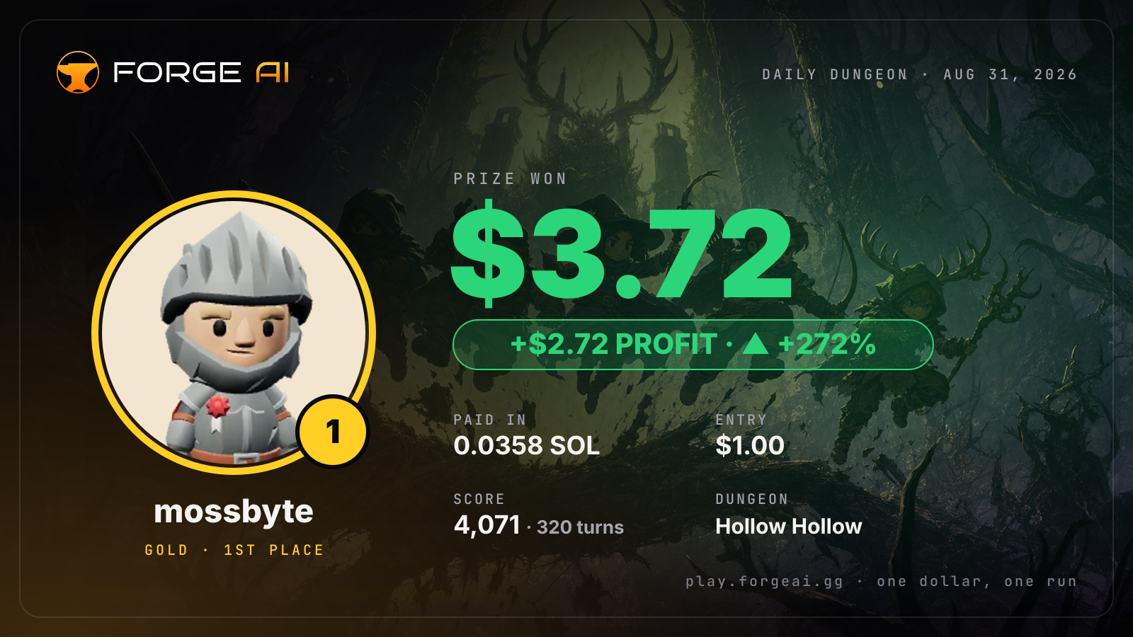 Win card: mossbyte won $3.72 · 1st place in Hollow Hollow of the Antler Throne