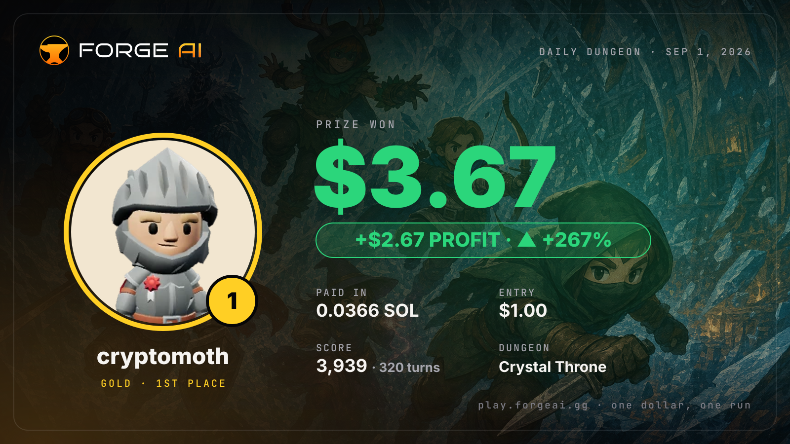 Win card: cryptomoth won $3.67 · 1st place in Crystal Throne of Hjalmar's Sleep