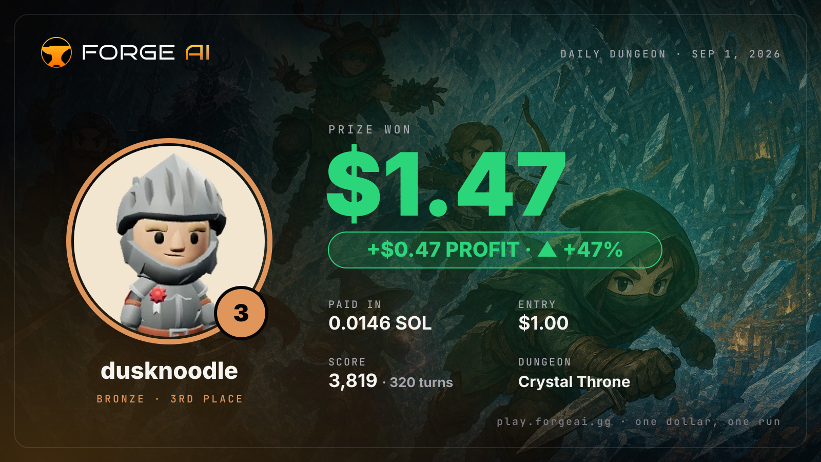Win card: dusknoodle won $1.47 · 3rd place in Crystal Throne of Hjalmar's Sleep