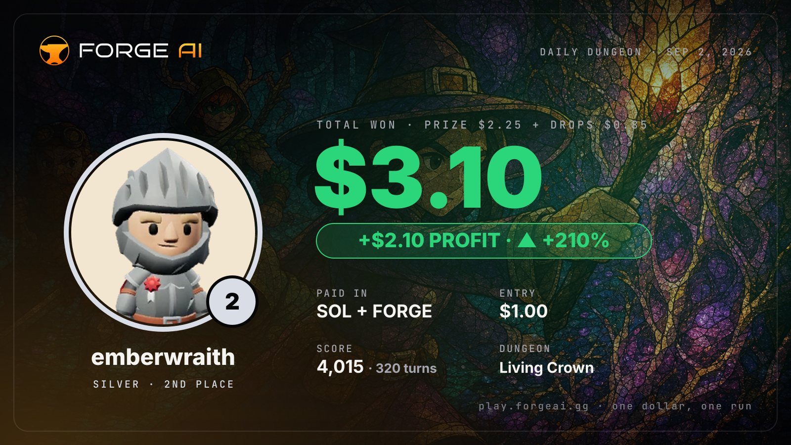 Win card: emberwraith won $3.10 · 2nd place in Living Crown of the Glowing Choir