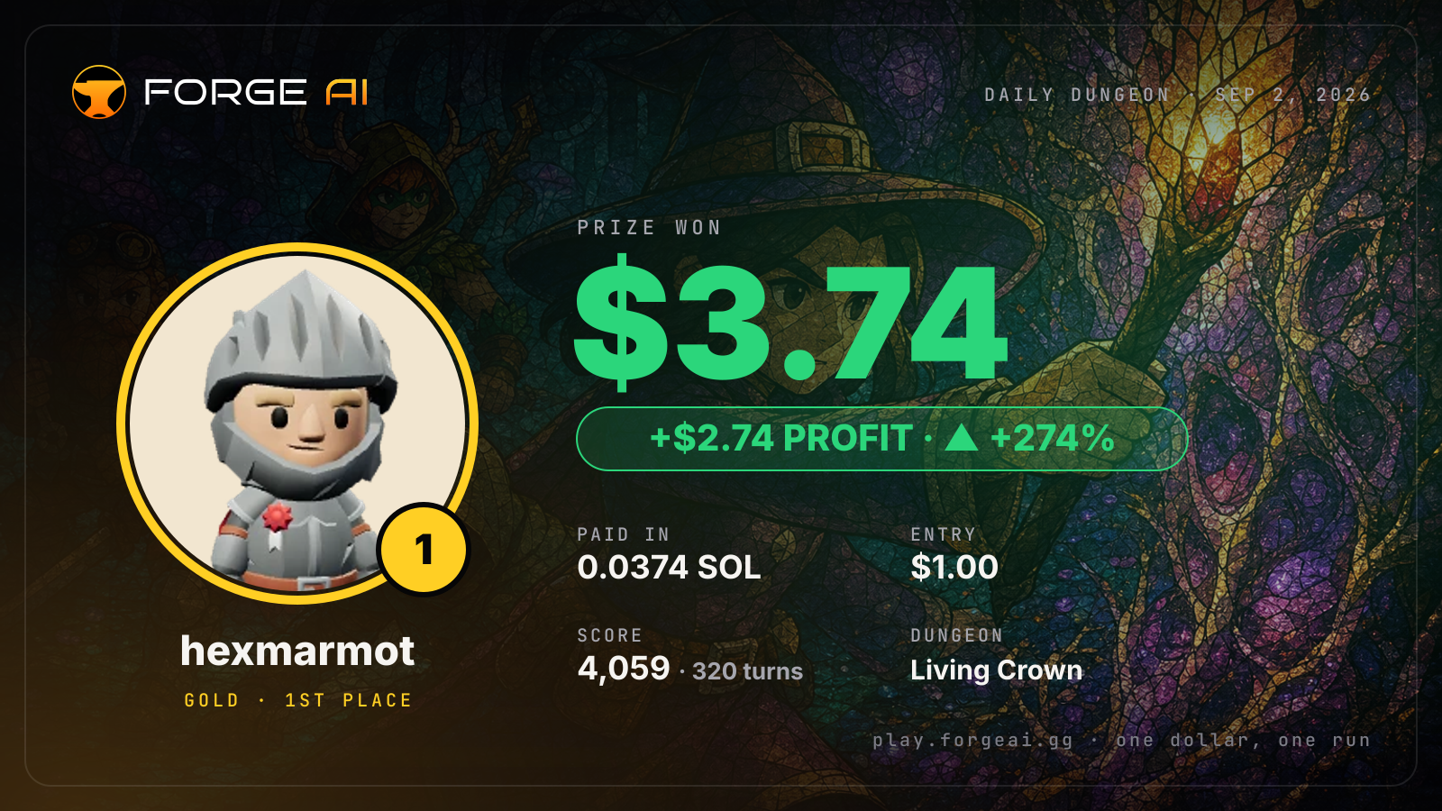 Win card: hexmarmot won $3.74 · 1st place in Living Crown of the Glowing Choir