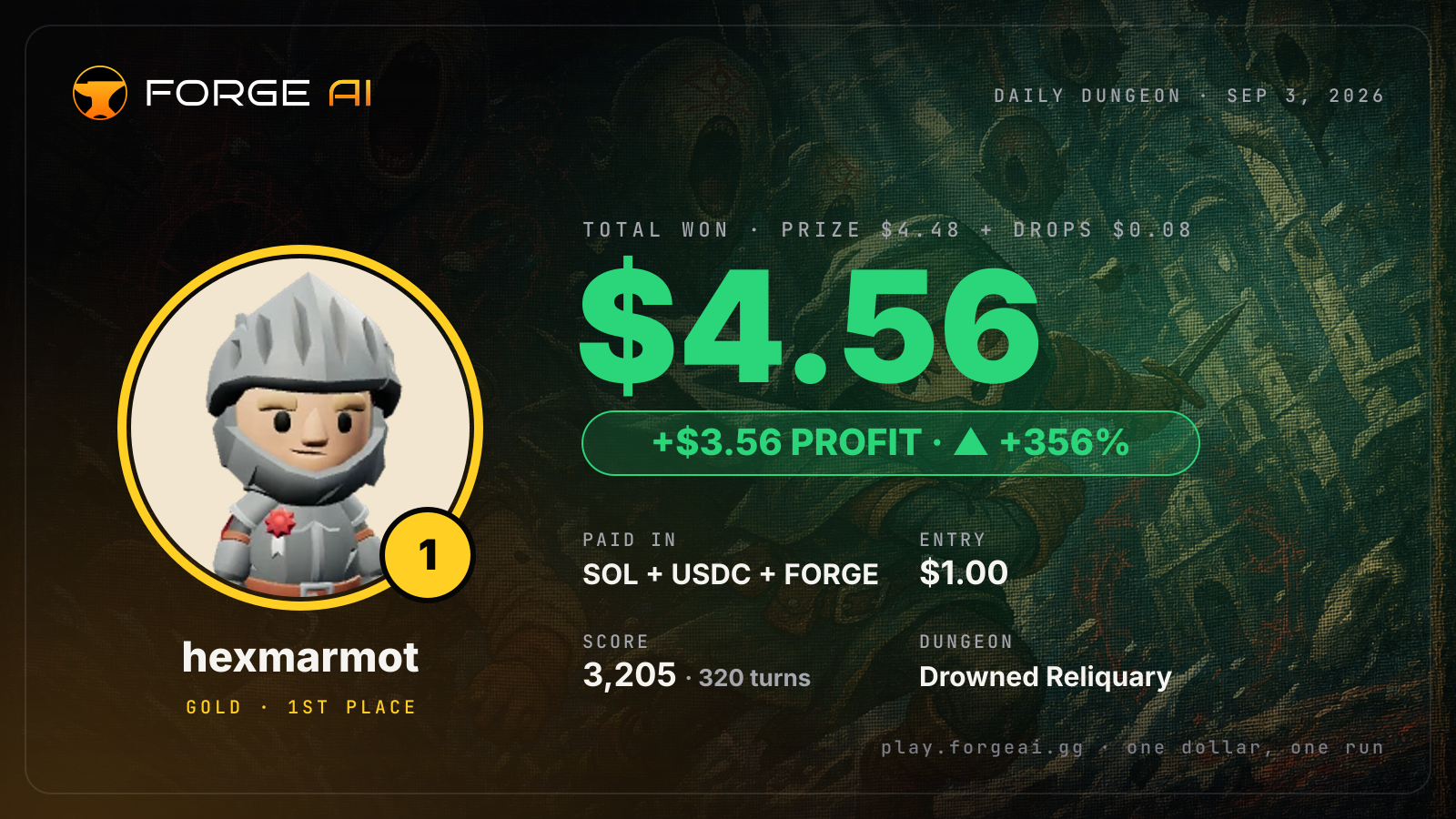 Win card: hexmarmot won $4.56 · 1st place in Drowned Reliquary of the Salt Forsaken
