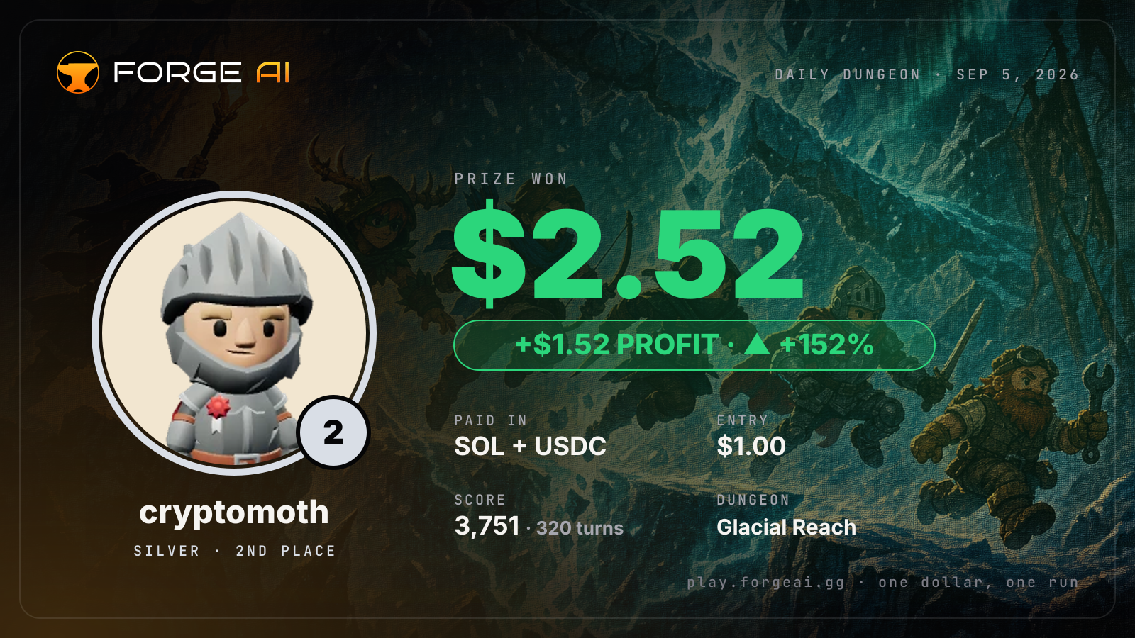 Win card: cryptomoth won $2.52 · 2nd place in Glacial Reach of the Long Winter