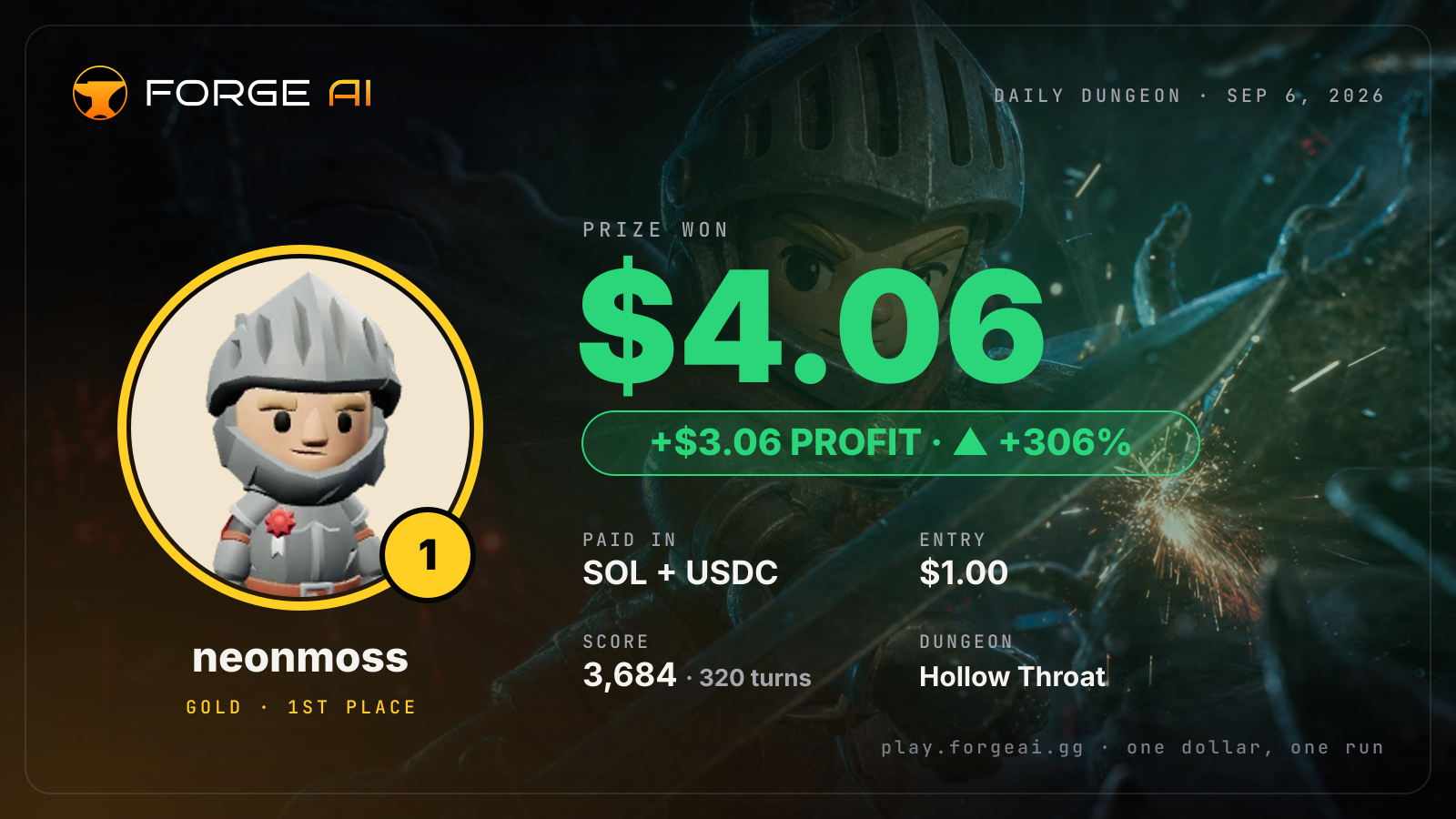 Win card: neonmoss won $4.06 · 1st place in Hollow Throat of the Black Choir