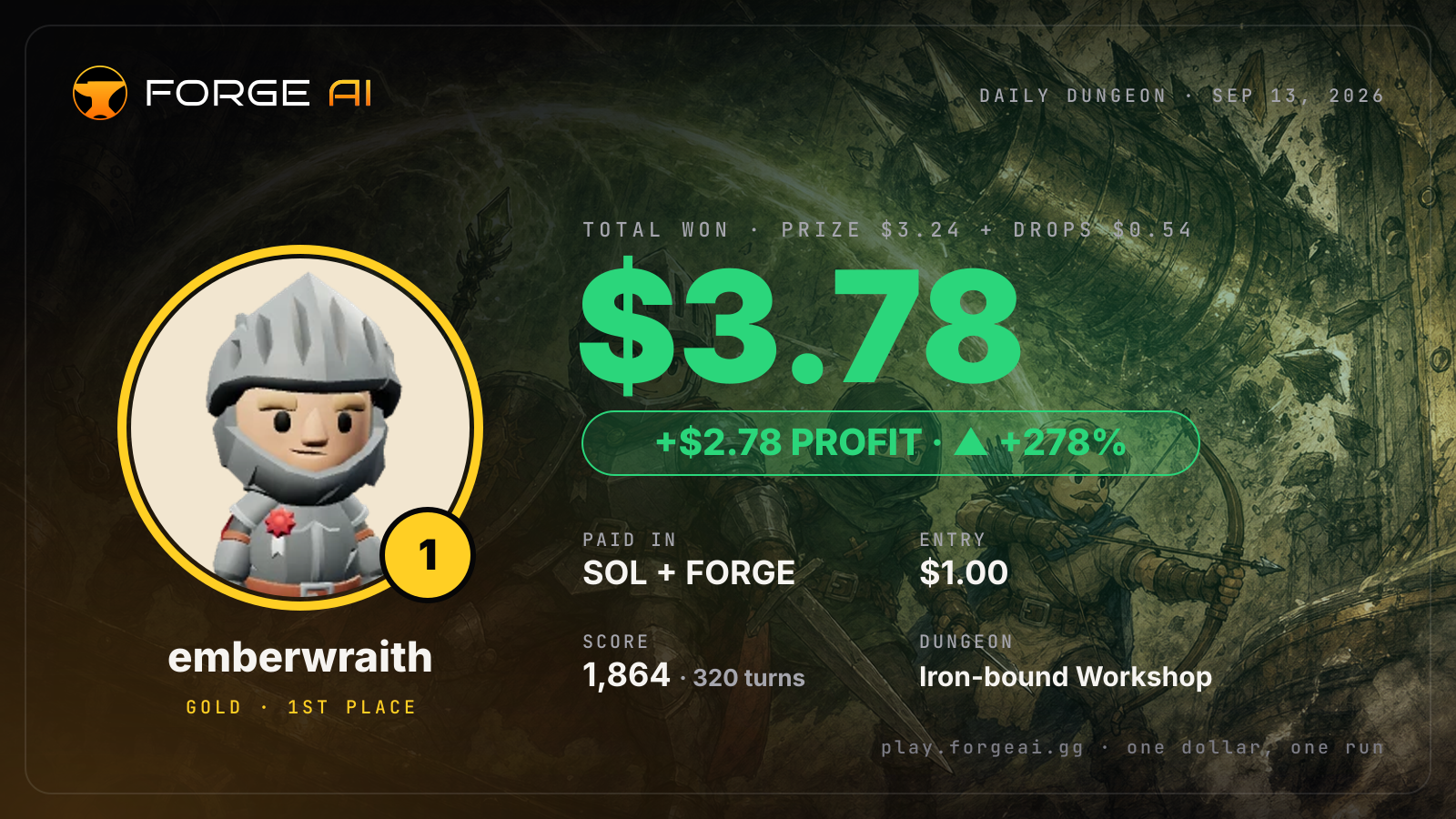 Win card: emberwraith won $3.78 · 1st place in Iron-bound Workshop of the Sundered Spring