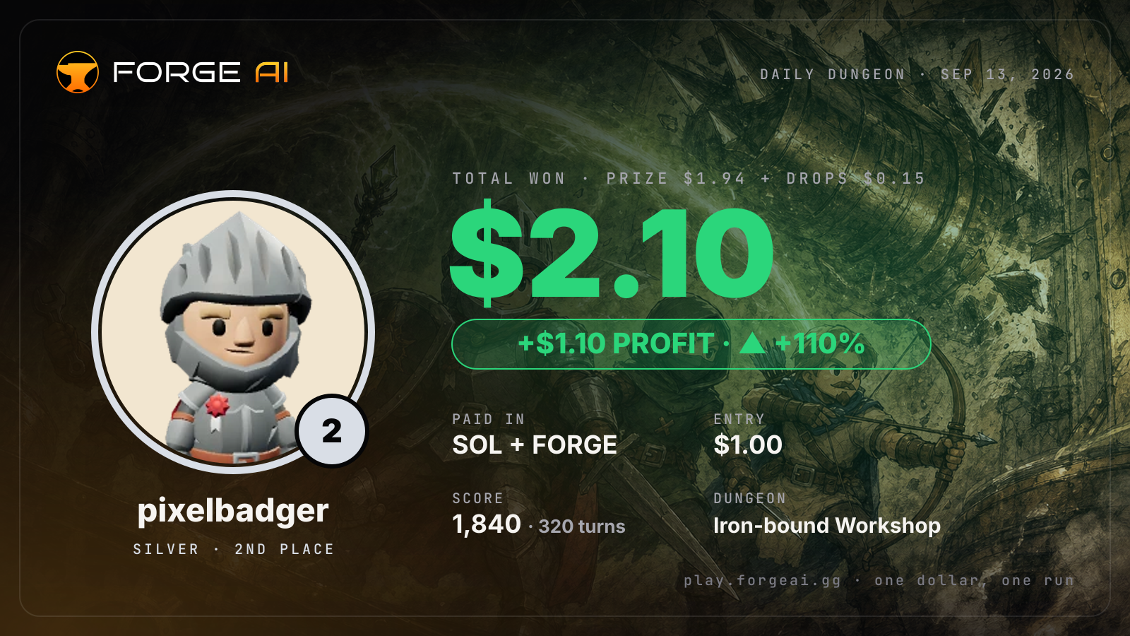 Win card: pixelbadger won $2.10 · 2nd place in Iron-bound Workshop of the Sundered Spring