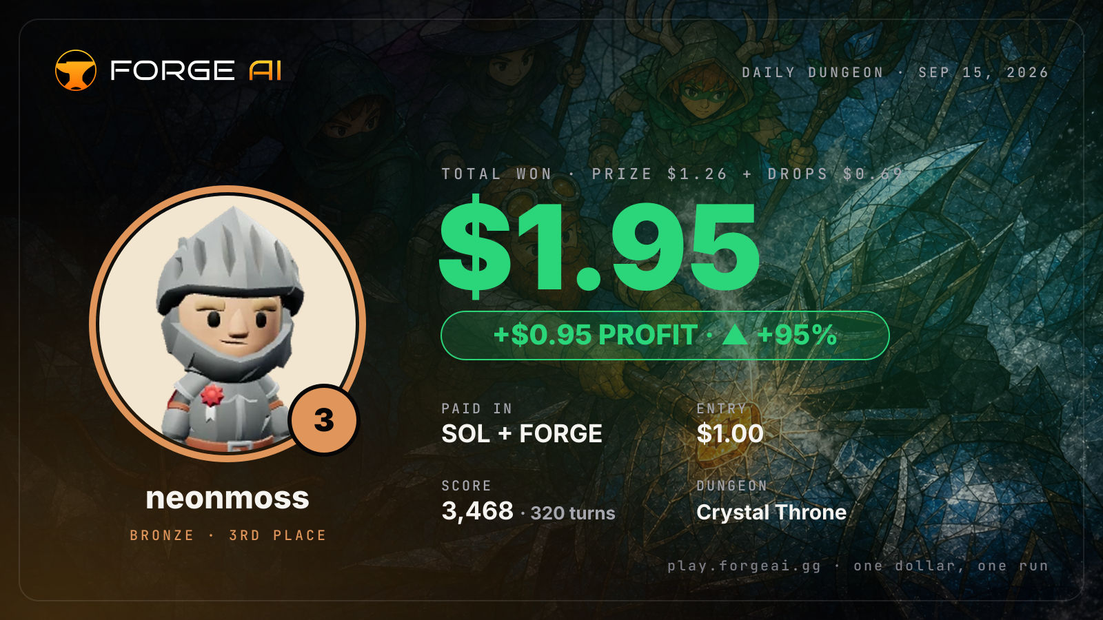 Win card: neonmoss won $1.95 · 3rd place in Crystal Throne of the Glass Sea