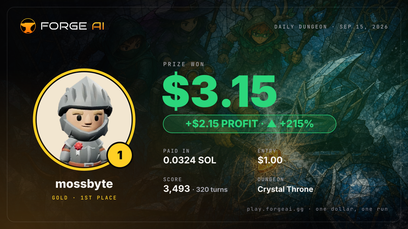 Win card: mossbyte won $3.15 · 1st place in Crystal Throne of the Glass Sea