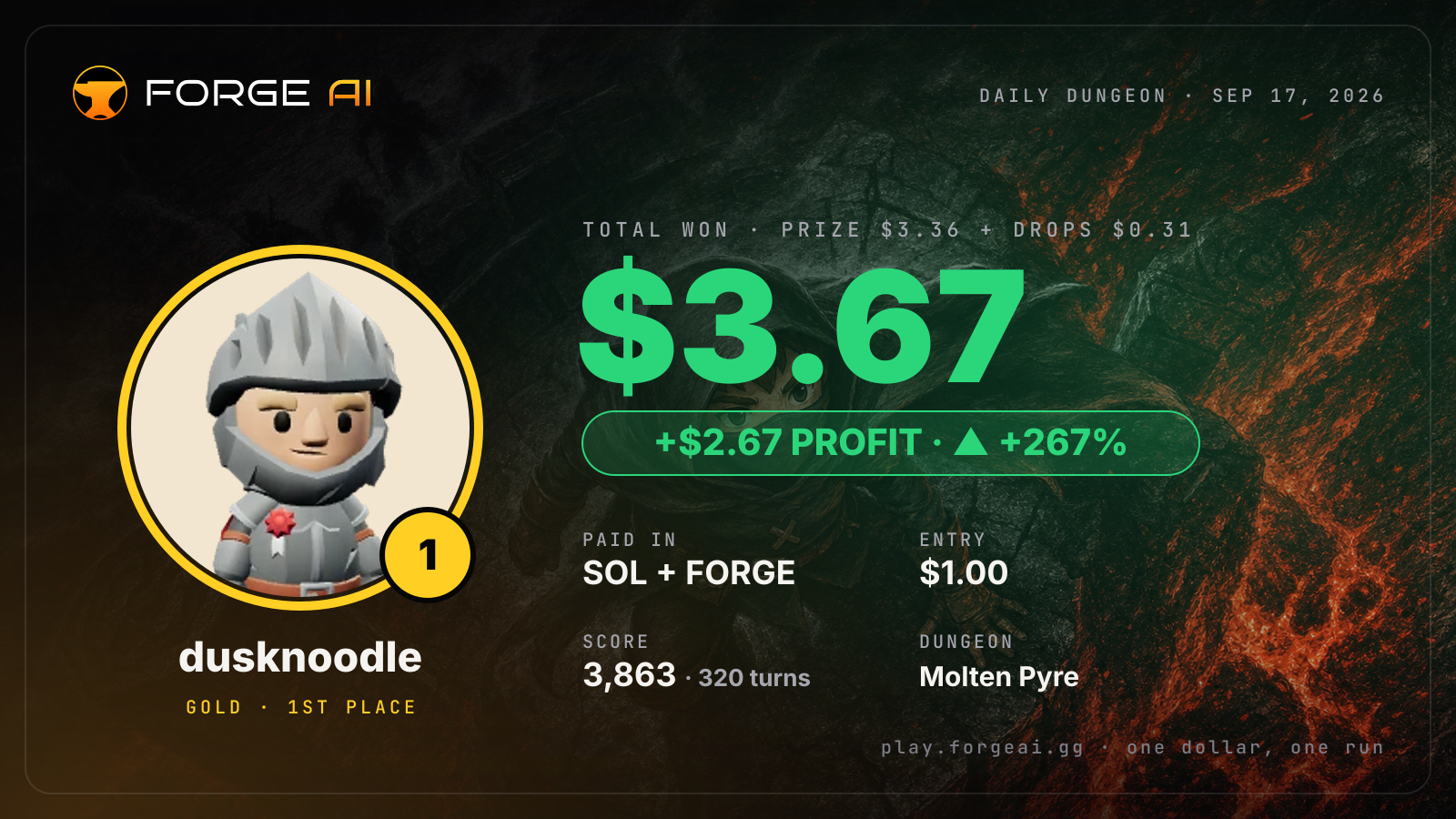 Win card: dusknoodle won $3.67 · 1st place in Molten Pyre of the Last Spark
