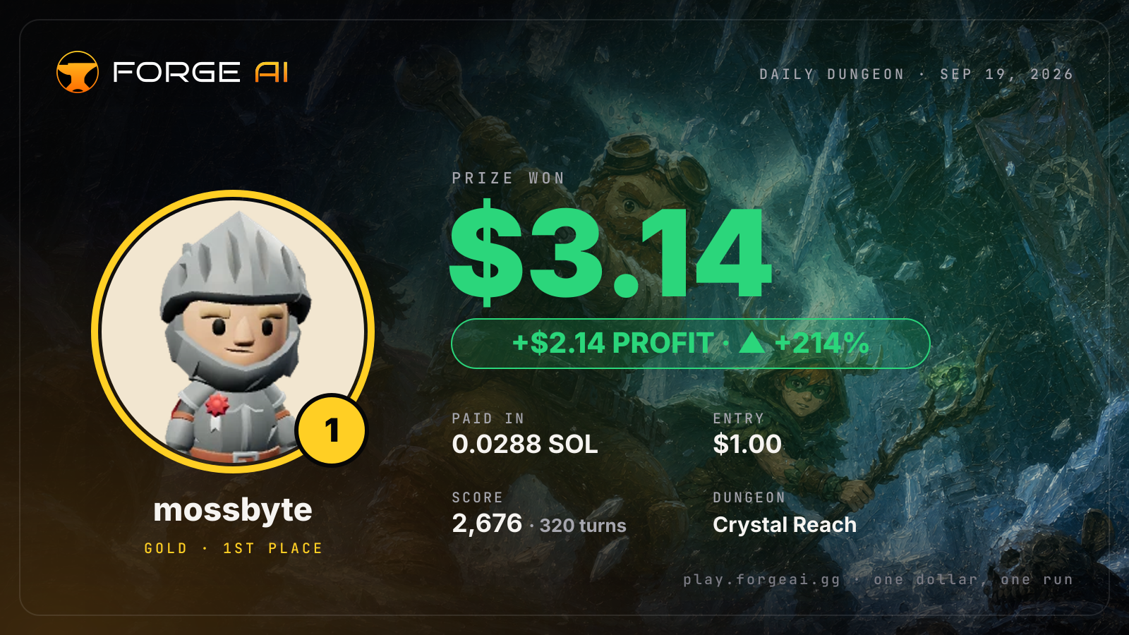 Win card: mossbyte won $3.14 · 1st place in Crystal Reach of the Long Winter