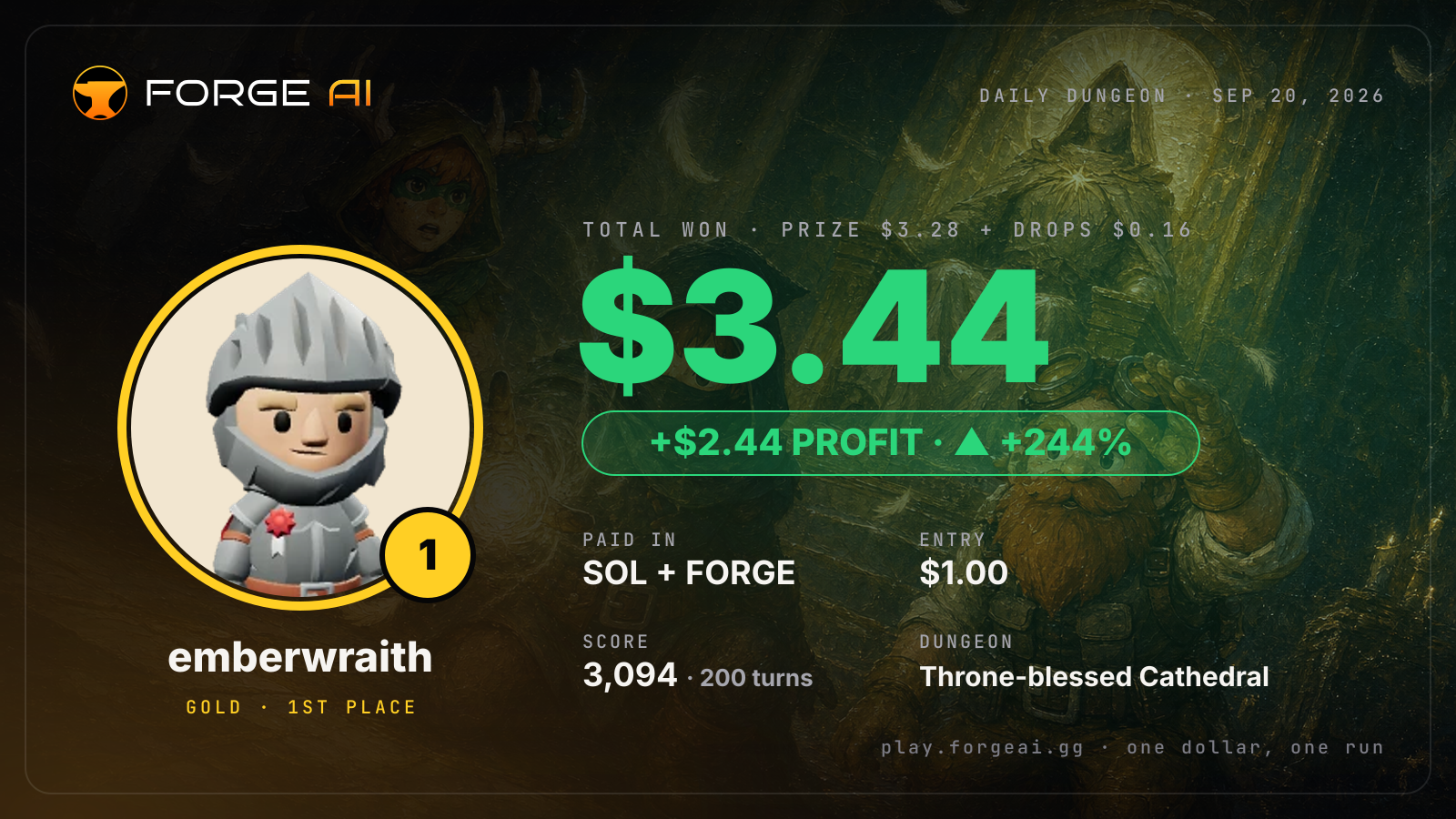 Win card: emberwraith won $3.44 · 1st place in Throne-blessed Cathedral of the Last Saint