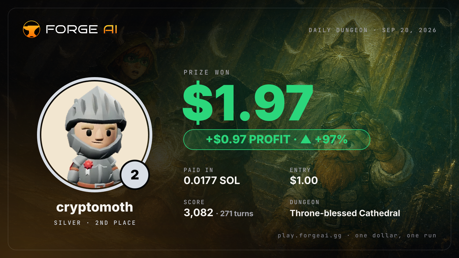 Win card: cryptomoth won $1.97 · 2nd place in Throne-blessed Cathedral of the Last Saint