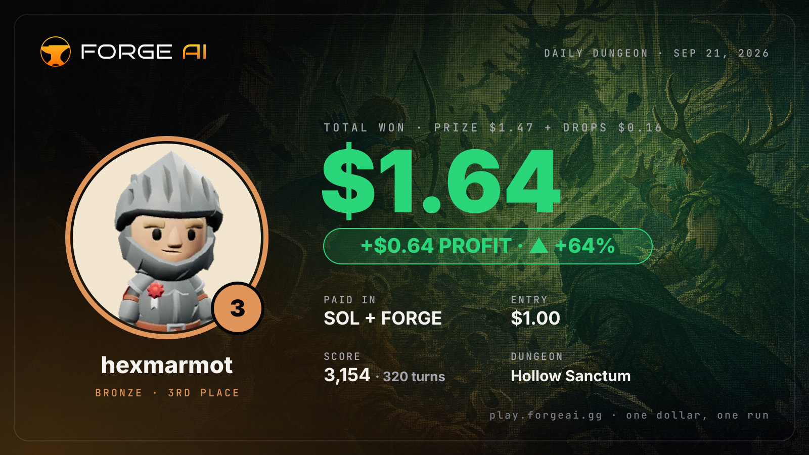 Win card: hexmarmot won $1.64 · 3rd place in Hollow Sanctum of the Antler Throne