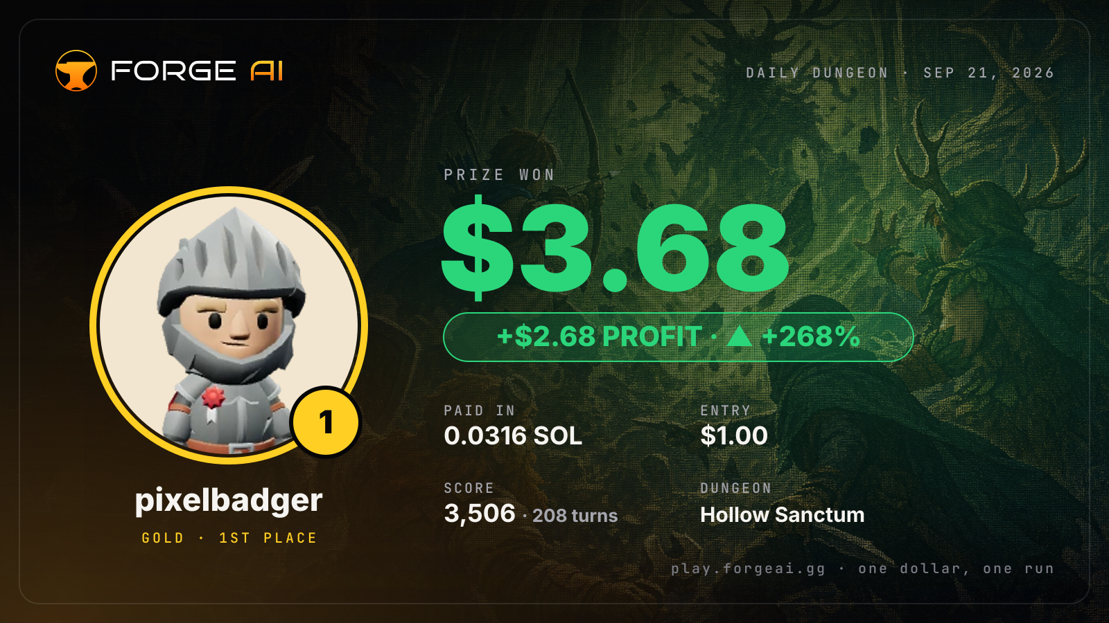 Win card: pixelbadger won $3.68 · 1st place in Hollow Sanctum of the Antler Throne